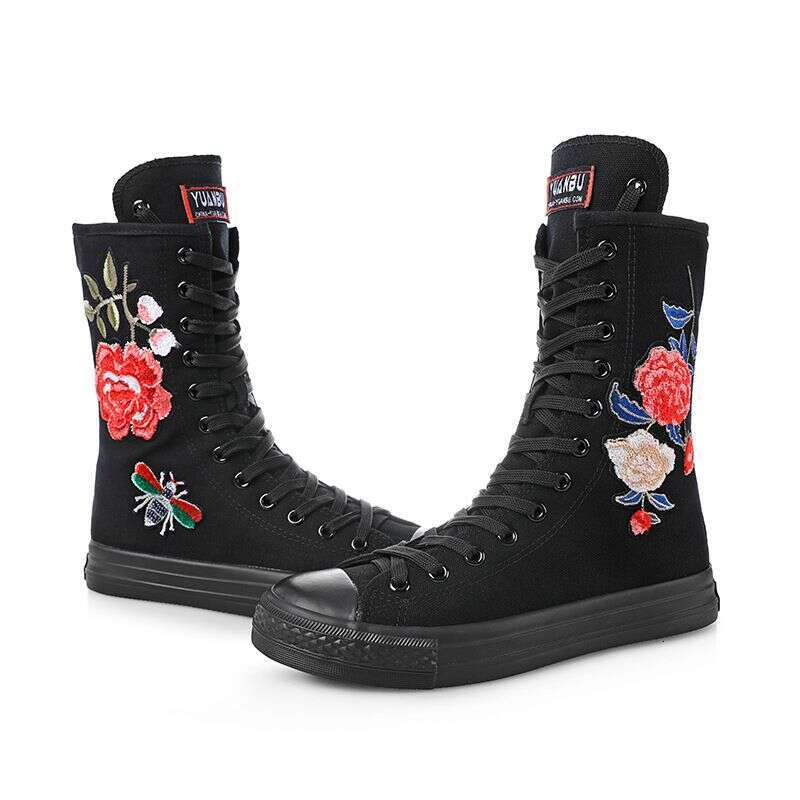 New Canvas Shoes Inner Zipper, Lace-Up, Breathable And Comfortable, Asymmetrical Pattern, Mid-High Top, Embroidered With Chinese Style Floral Designs 