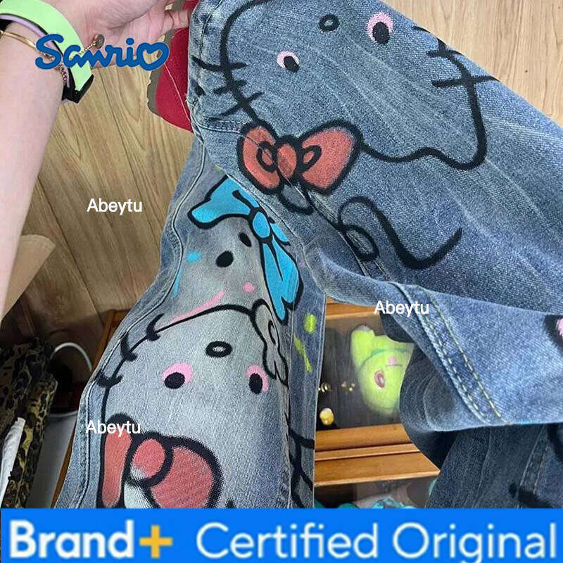 Sanrio American Vintage Hello Kittys Jeans Cartoon s Graffiti Wide Leg Pants Y2K Girls High Waisted Straight Trousers Streetwear H260206