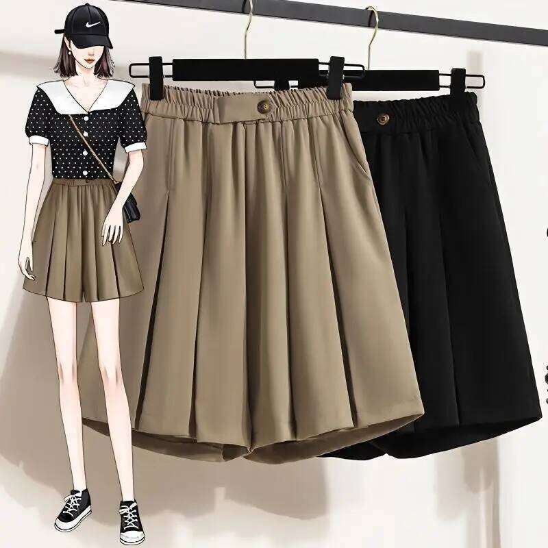 Summer New Korean Elastic High Waist Slim Wide Leg Women Solid Button Pockets Fashion Simple Loose Casual Shirring Shorts H260206