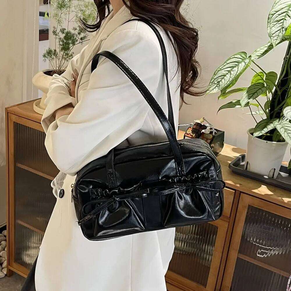Cute Designer Ribbons Bowling Tote Korean Large Capacity Bow Tie Shoulder Bag Y2k Ballet Pu Leather Women's Handbag Girls Y260205