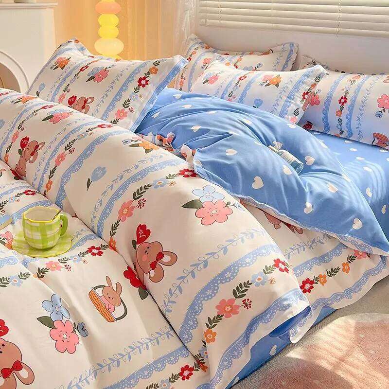 Cute Rabbit Bedding Set Ins Single Queen Size Duvet Cover No Filler Flat Sheet Pillowcase Kids Adult Home Hotel Bed Linens XJ260206
