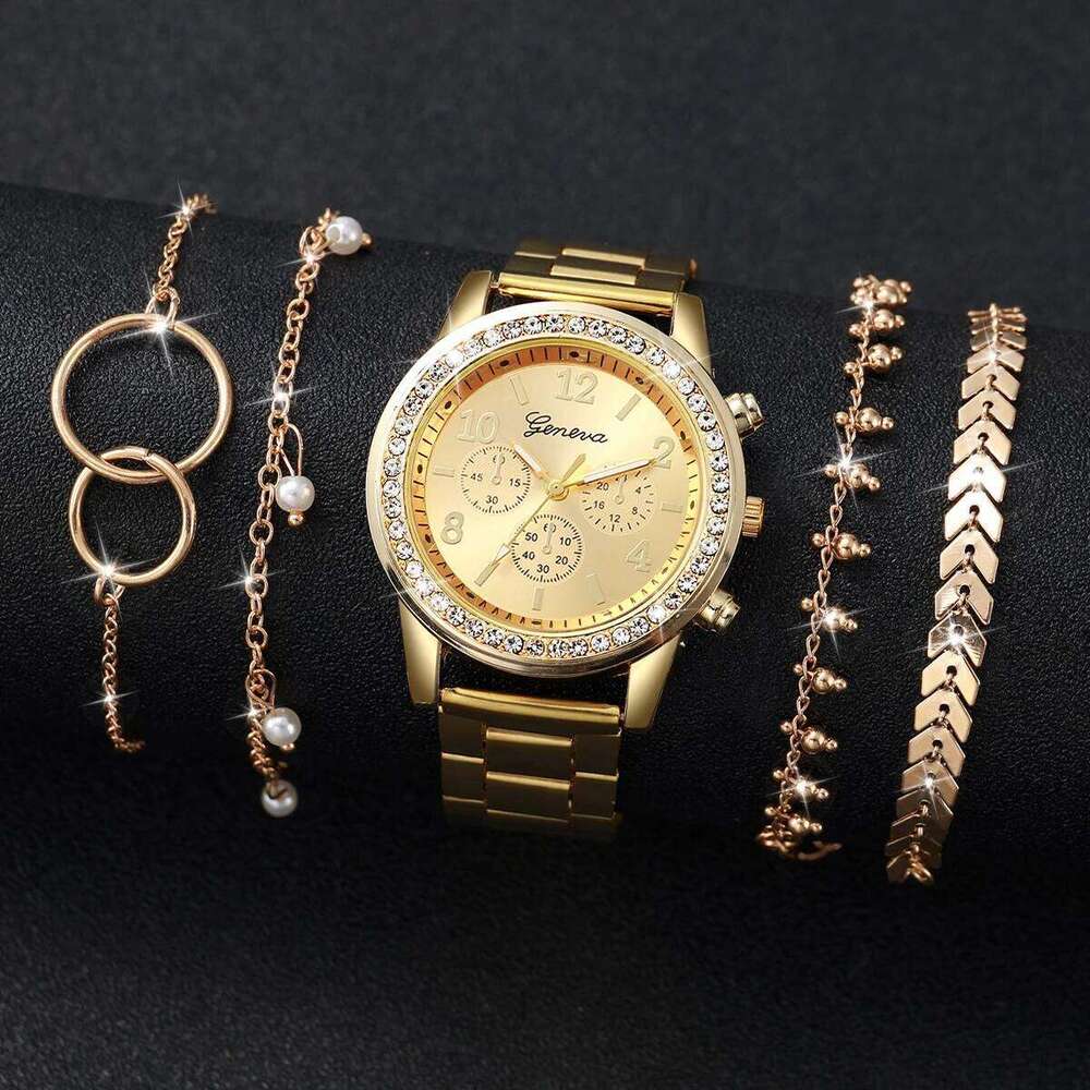 5PCS/Set Fashion Rhinestone Women's Watch Alloy Band Analog Quartz Watches Bracelets Set Reloj Mujer Girls Clock Z260206