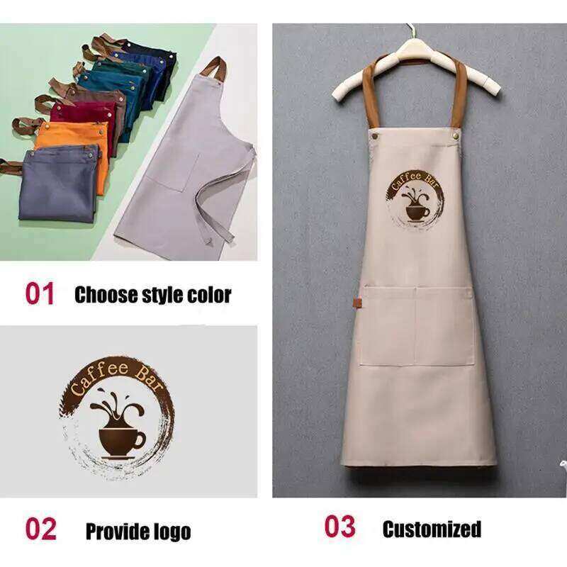 Customized Embroidery Print Logo Signature Waterproof Kitchen Home Chef Baking Clothes With Pockets Adult Bib Waist Bag Aprons S260205