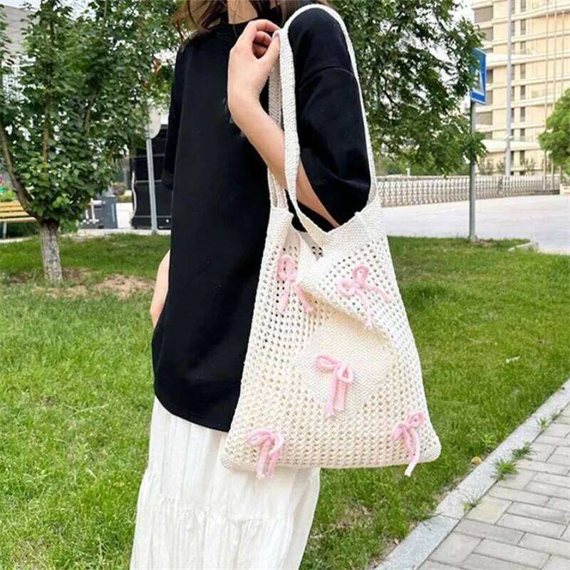 Preppy Style Crochet Tote with Butterfly Accents, Solid Color Polyester Shoulder Bag, Foldable Fashion Beach Bag Y260205