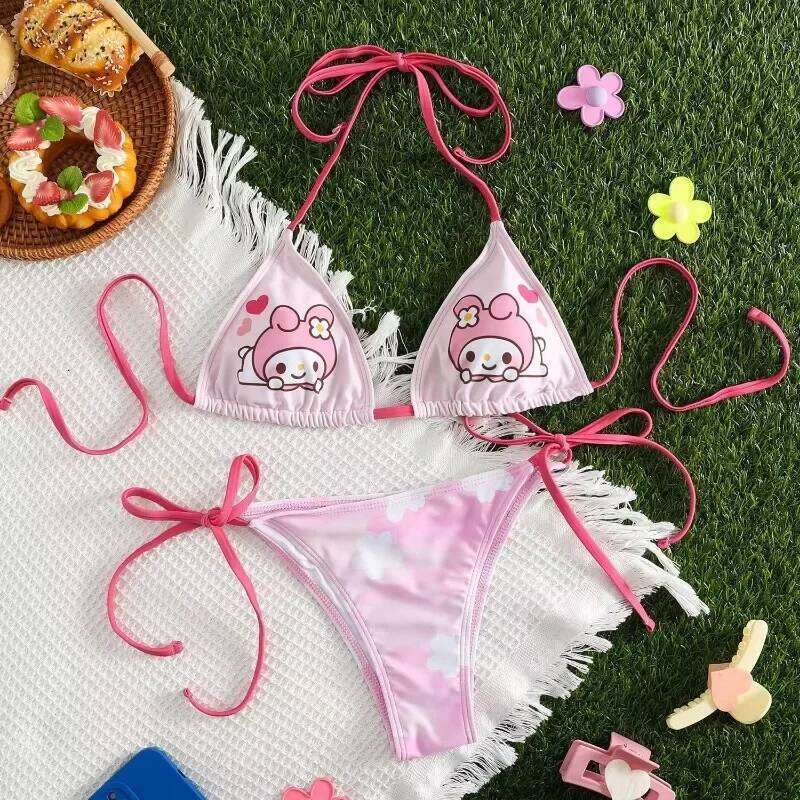 2025 Hellokitty Cute Girls Sexy Bikinis Set Print Bikini Swimsuit Women Swimwear Beachwear Lingerie Elasticity Slips On Vacation Z260206