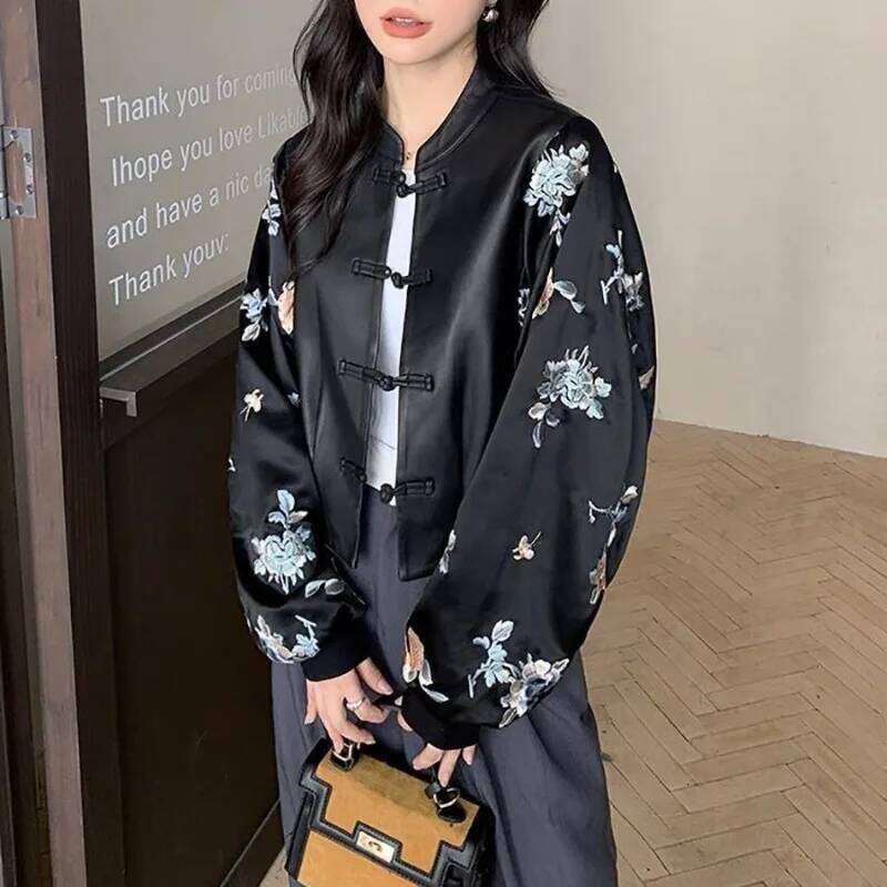 Embroidery Patchwork Jacket Women's Spring Autumn PU Leather Coat Long Sleeves Button Design Outerwear