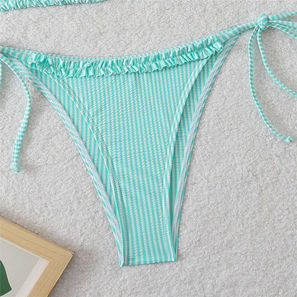 Pink Striped Print Ruffled Edge Swimwear Halter String Triangle Bikinis Sets Micro Thong Sexy Swimsuit Women 2026 Bather Bikini Z260206