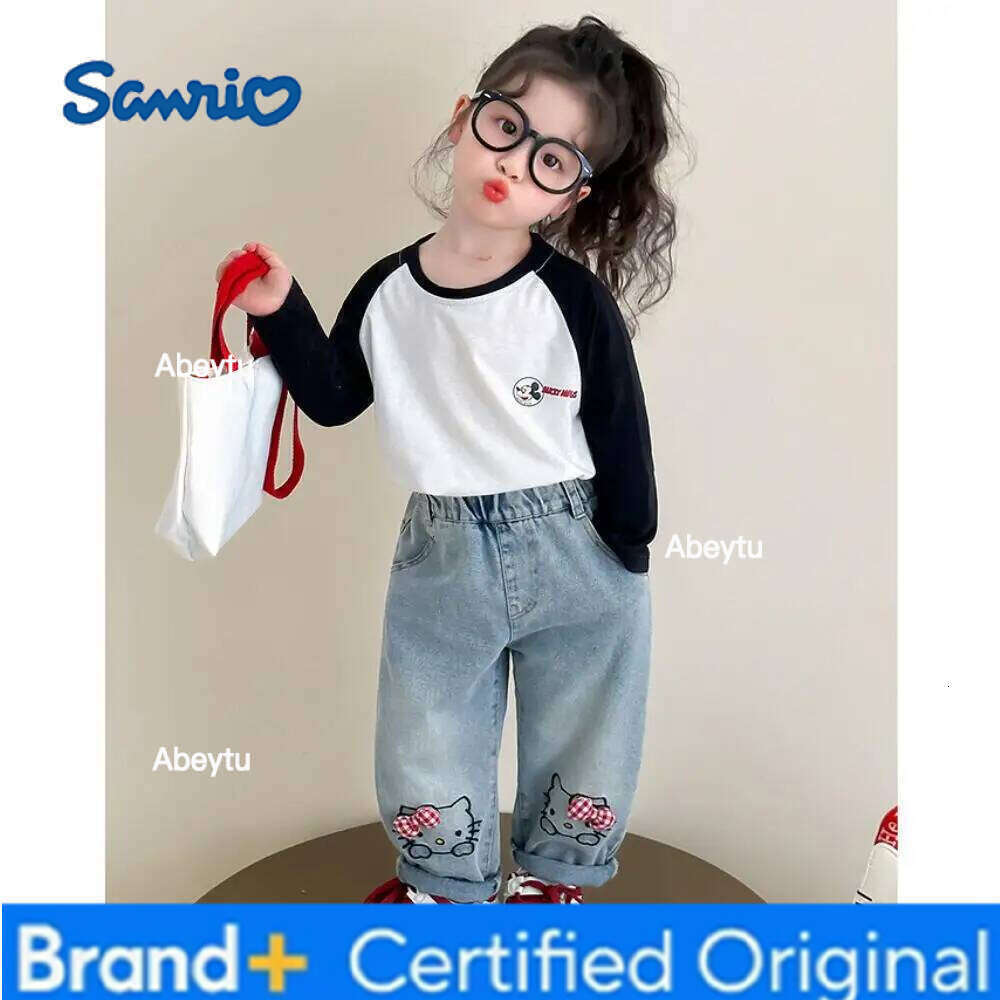 Sanrio Hello Kittys Korean Graffiti Straight Leg Wide Jeans Spring Autumn Cartoon bow Embroidery trousers Hot harem pants Girls H260206