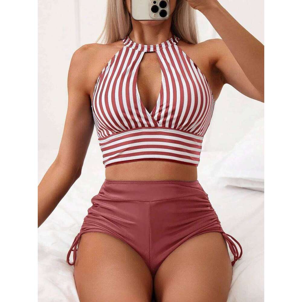 2025 Cut-out Bikini Striped Swimsuit Hollow Out Women High Waist Swimwear Female Bathers Bathing Swimming Swim Suit Beachwear Z260206