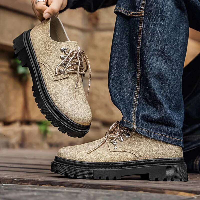 Men's Spring Autumn New Style Personalized Sequined Gold and Silver Leather Shoes Trendy Versatile Performance Short Boots Fashionable Wear-Resis