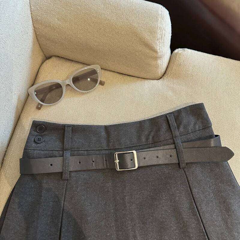 Women's Woolen Mini with Belt A- Line Slimming Pleated High Waist Fashionable Autumn Winter New Style Short Skirt XJ260206