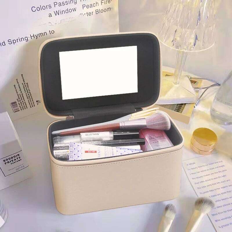 Large capacity Ins style bag, portable travel handheld case, simple with mirror makeup storage bag Y260206