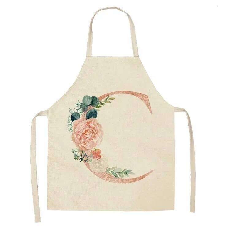 Pink Letter Flower Kitchen Aprons for Women Cotton Linen Bibs Household Cleaning Pinafore Home Cooking Apron S260205