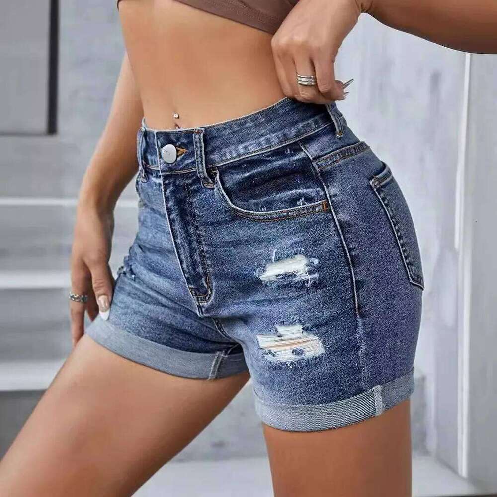 Washed High-waisted Denim Shorts with Holes. New Summer Fashion and Temperament Commuter Rolled Edge Short Jeans for Ladies C260206