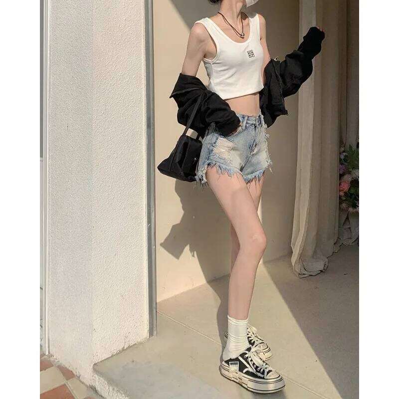 High Waist Distressed Denim Frayed Hem Slim Fit Casual Women's Jeans Shorts XJ260206