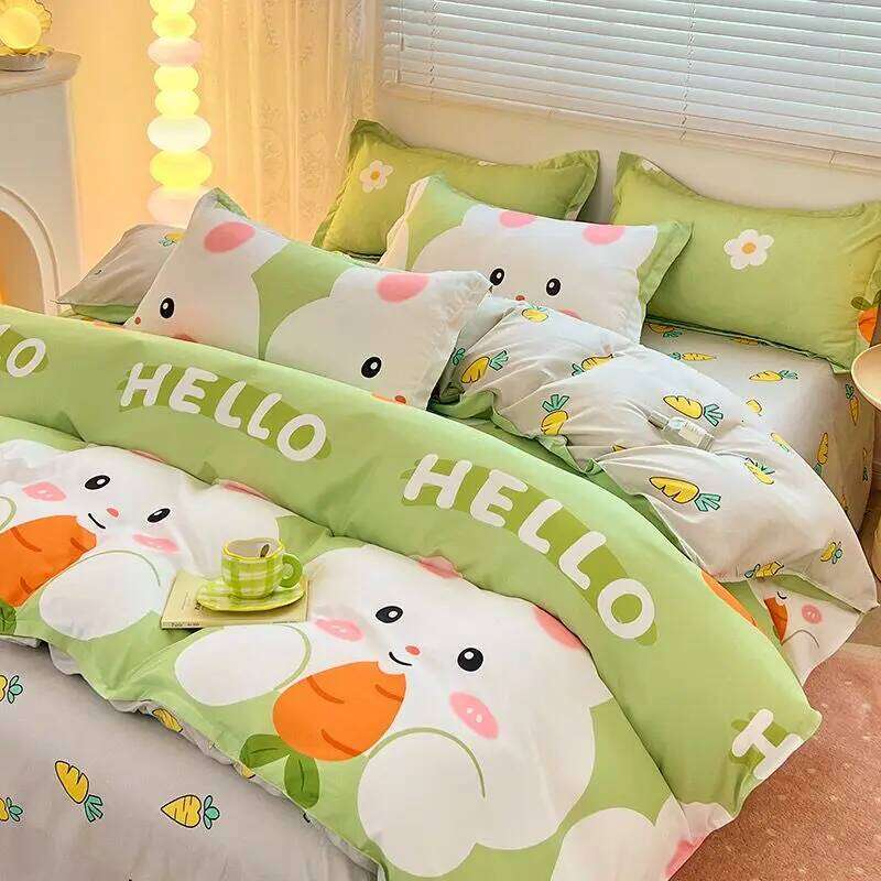 Cute Rabbit Bedding Set Ins Single Queen Size Duvet Cover No Filler Flat Sheet Pillowcase Kids Adult Home Hotel Bed Linens XJ260206
