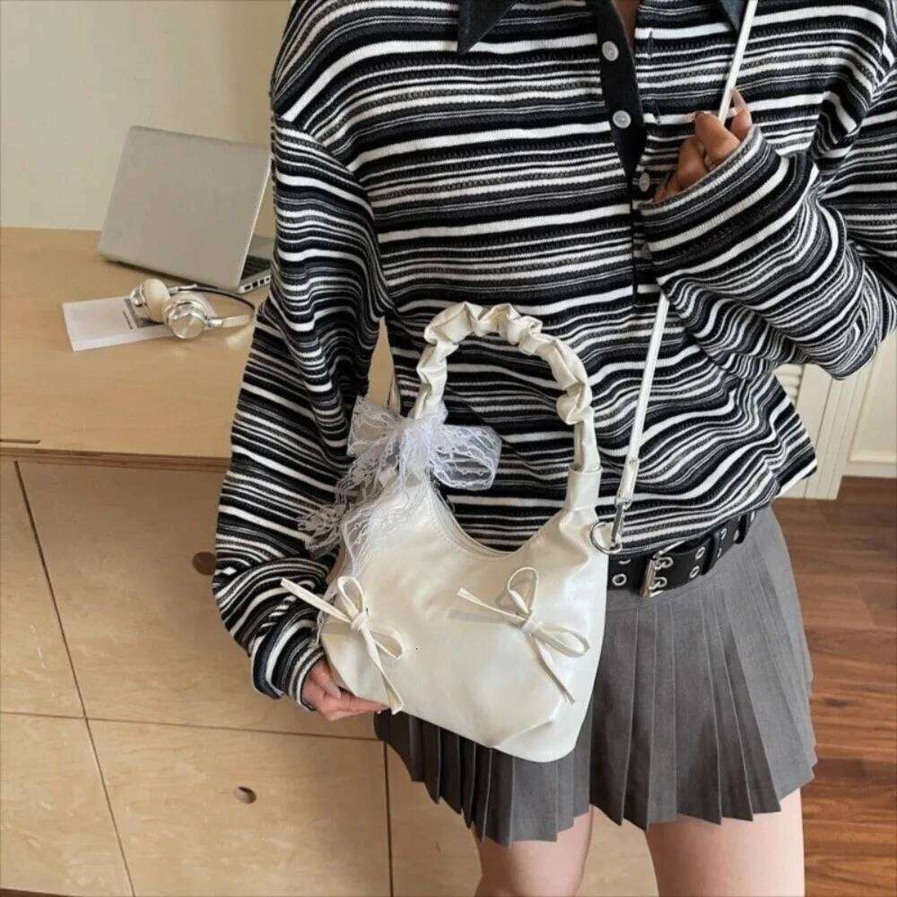 Fashion Cloud Evening Handbag Beige Lace Ribbon Bow PU Shoulder Large Capacity Korean Style Underarm Bag Girls Y260205