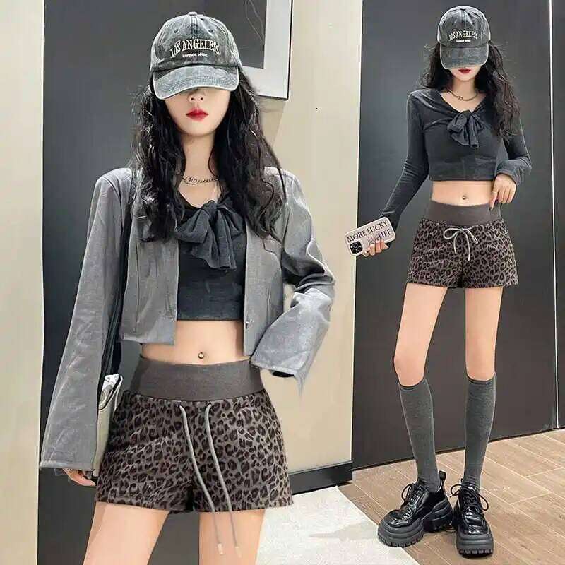 High Waist Leopard Print Casual Shorts Women's Outerwear Autumn 2025 New Style Slimming Wide Leg Boot Pants XJ260206