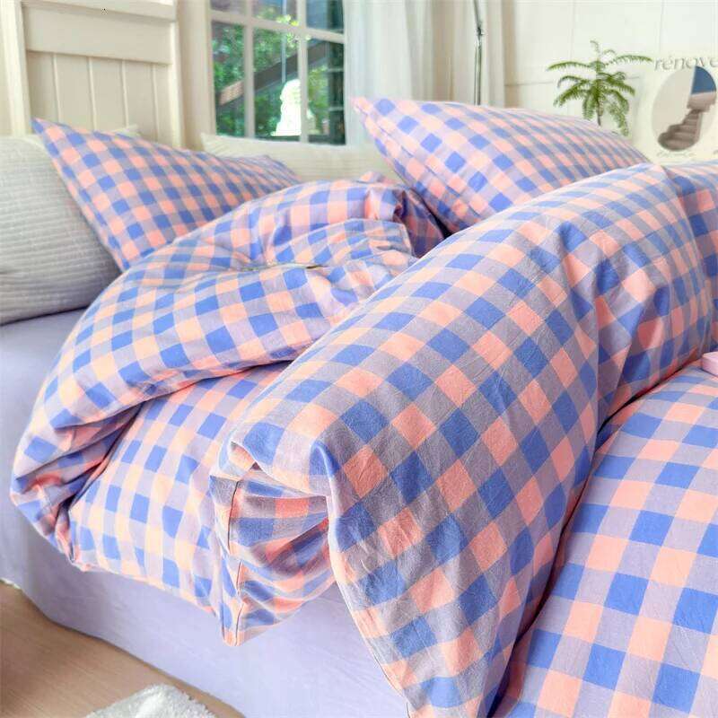 100% Cotton Colorful Plaid Duvet Set Girls Women Bedroom Purple and Pink Striped Reversible Bedding Comforter Cover 3 Pcs XJ260206