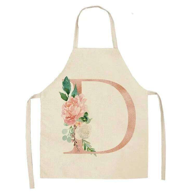 Pink Letter Flower Kitchen Aprons for Women Cotton Linen Bibs Household Cleaning Pinafore Home Cooking Apron S260205
