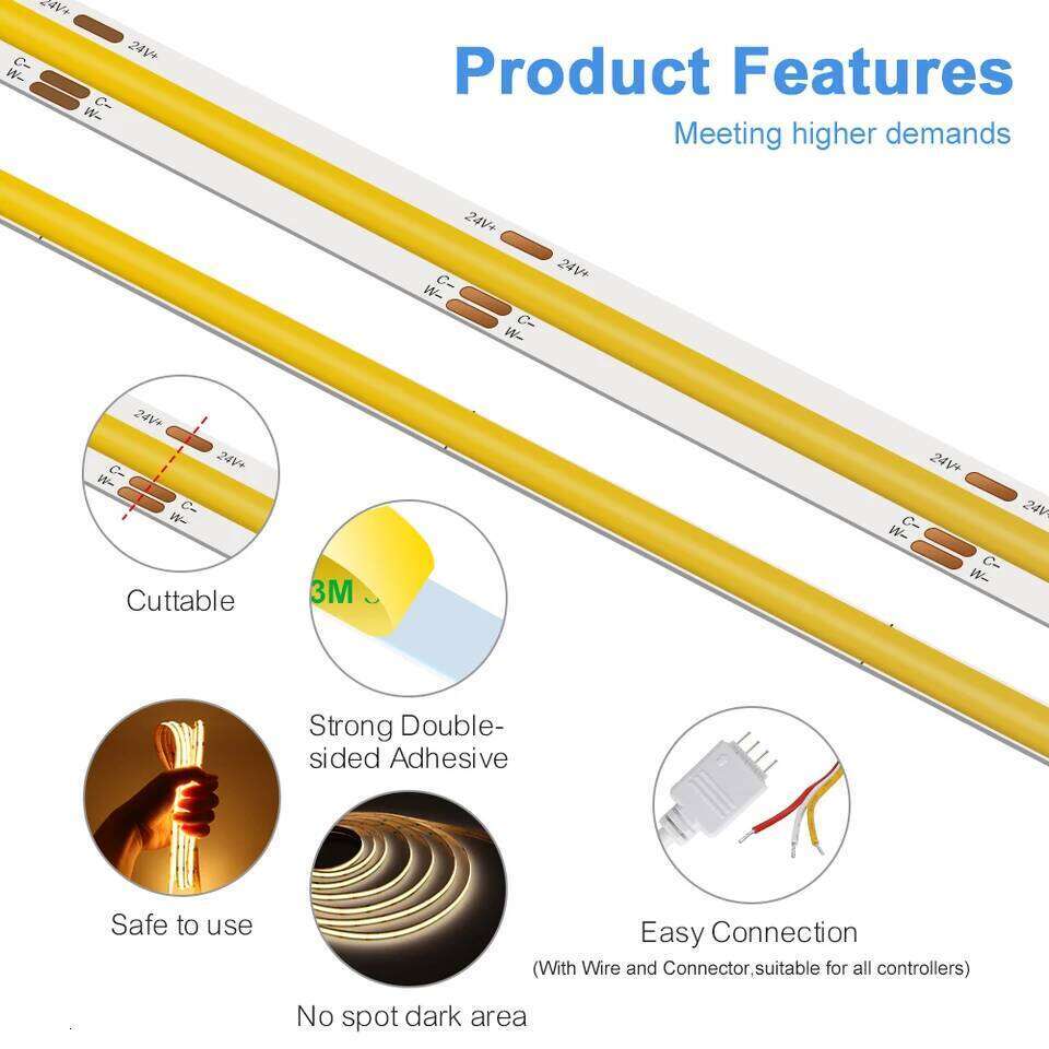 2700K-6500K Dimmable Light 5mm 10mm COB LED Bicolor High Density Flexible Led Tape DC12V 24V 1-10m CCT Strip Z260206
