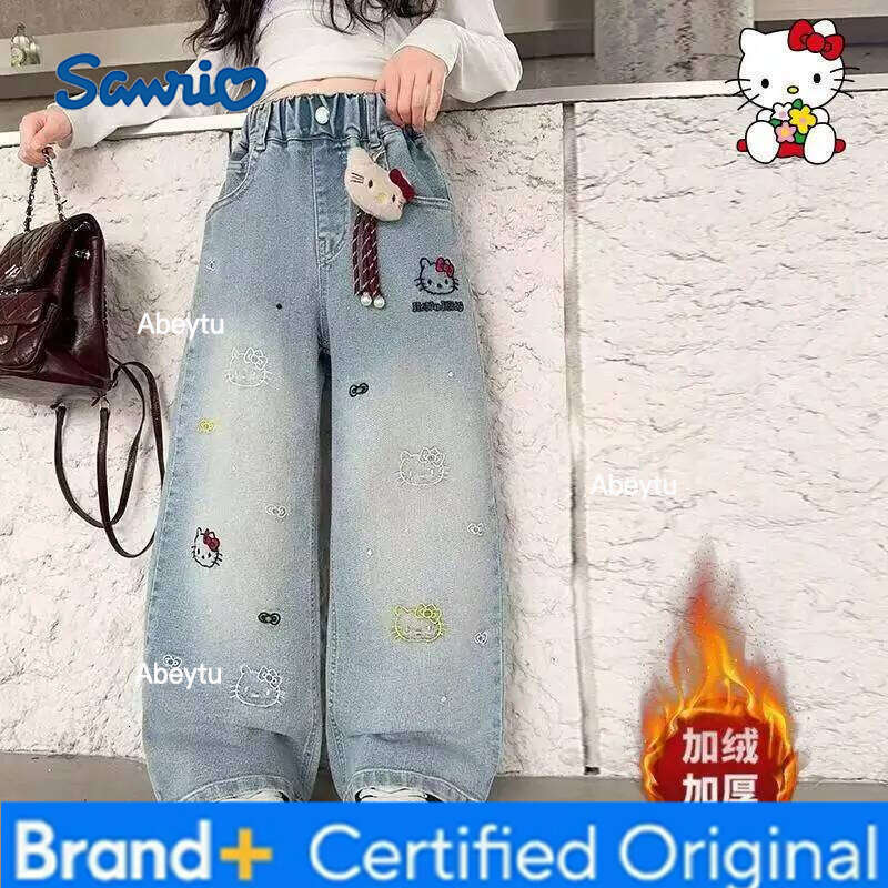 Sanrio Hello Kitty Jeans Girl Boy Kids Kawaii Casual Fashion Warm Autumn Winter Embroidery Wide Mouth Pants Children's Clothing H260206