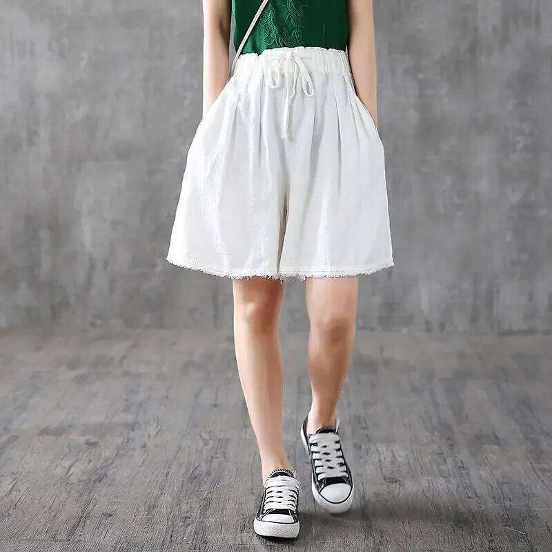 Summer Simplicity Loose Elegant Cotton and Linen High Waist Wide Leg Women Clothes Casual Appear Thin Quarter Shorts XJ260206