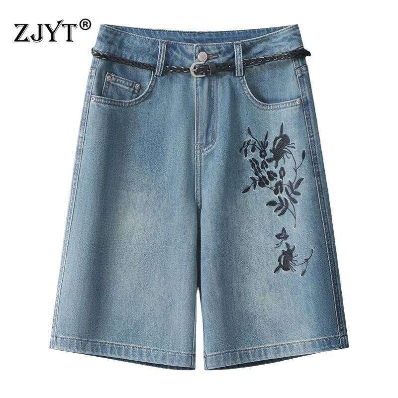 ZJYT Jeans Shorts for Women 2026 Spring Summer Fashion Floral Embroidery Casual Denim Pants Short Trousers Streetwear Blue Lady XJ260206