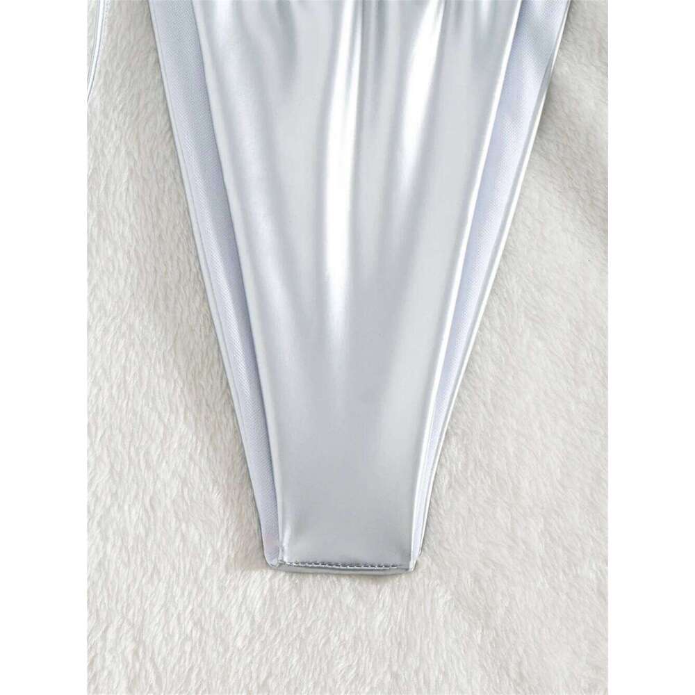 PU Silver Bikini Triangle String Halter Backless Extreme Y2K Swimsuit Push Up Swimwear Micro Thongs Women Beach Set Bathing Suit Z260206