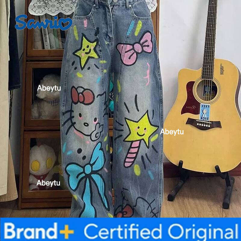 Sanrio American Vintage Hello Kittys Jeans Cartoon s Graffiti Wide Leg Pants Y2K Girls High Waisted Straight Trousers Streetwear H260206
