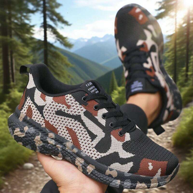 Men's Mesh Hiking Breathable Knit Fabric Lightweight Anti Slip Fashion Camo Sneakers Outdoor Comfort Camouflage Men Shoes