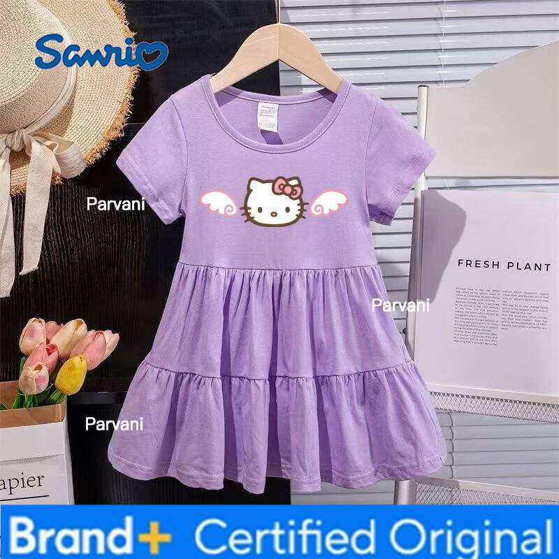 Sanrio Summer Baby Girls Solid Cotton Dress Kid Children Hello Kitty Printed Short Sleeve Clothes Cartoon Cute Princess Dresses H2602061 - view 3