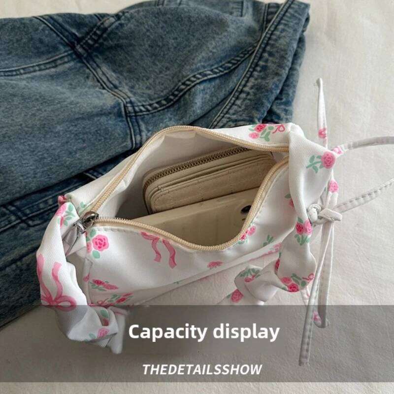 Women's Bags 2026 Summer Canvas Pleated Handbags Armpit Korean Floral Bow Printed Zipper Tote Female Small Shoulder Bag Y260205