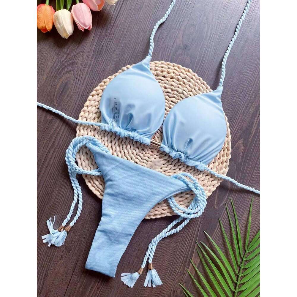 RUOTONSEPT 2024 Sexy Women Swimsuit Braiding rope Bikini Set Two-piece Triangle Solid Swimwear Bathing Suit Brazilian Biquinis Z260206