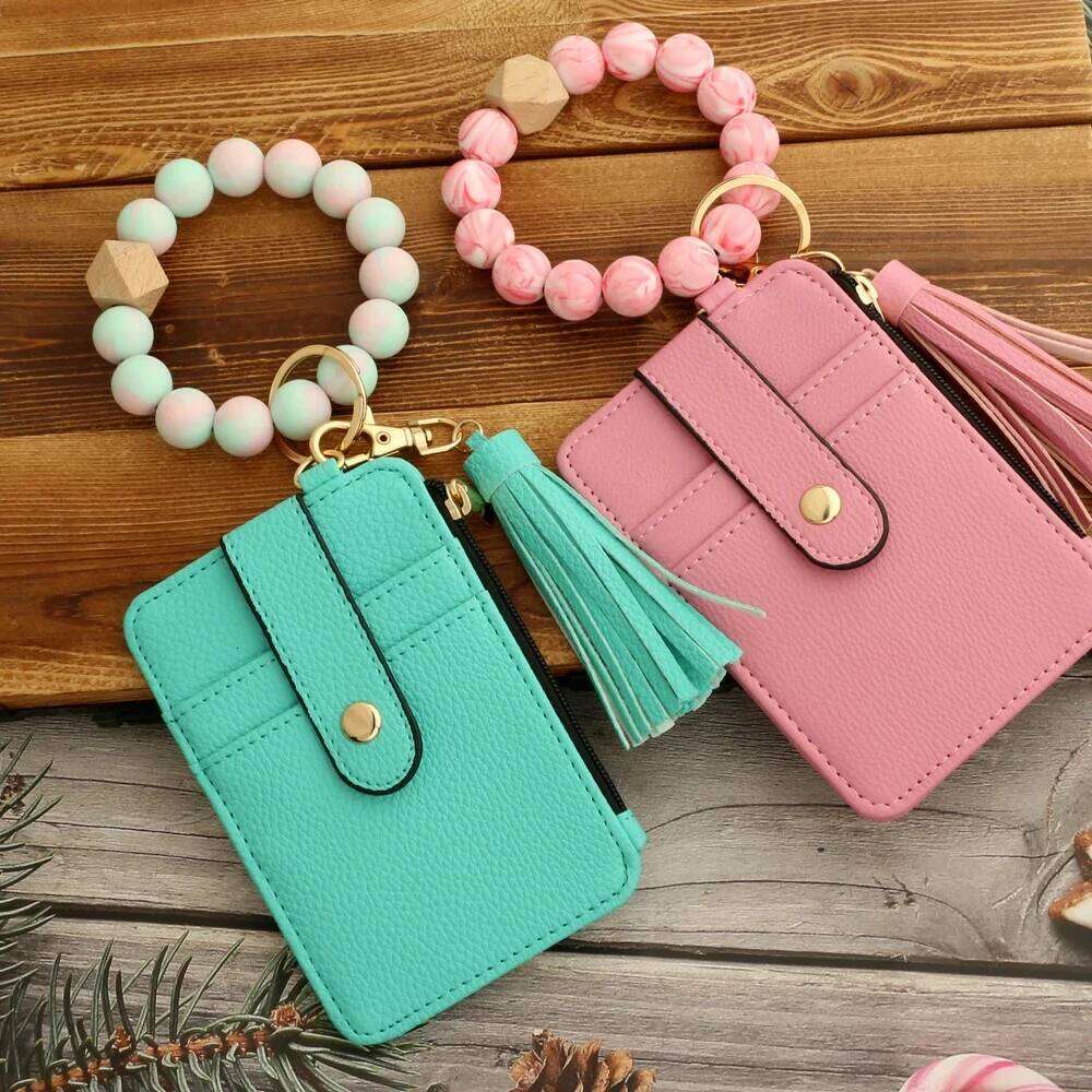 2023 Fashion multifunctional Pattern Credit Card Bag Pu Leather Coin Purse Women Silicone Bead Bangle Keychain Y260206