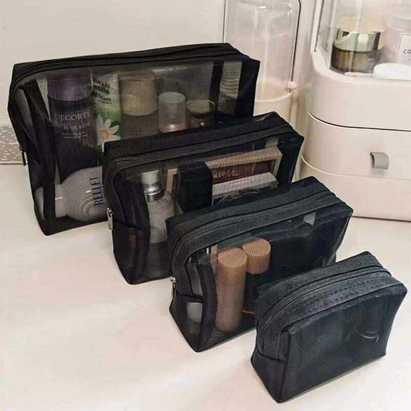 1pcs Zipper Cosmetics Transparent Mesh Women Necessary Organizer Fashion Small Large Black Toiletry Bags Makeup Pouch Case Y260206