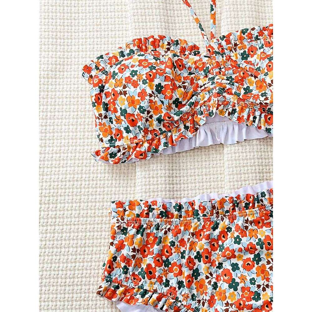 Flowers Printed Ruffled Bandeau Female Swimsuit High Waist Women Swimwear Two-pieces Bikini set Bather Bathing Suit Swim XJ260206