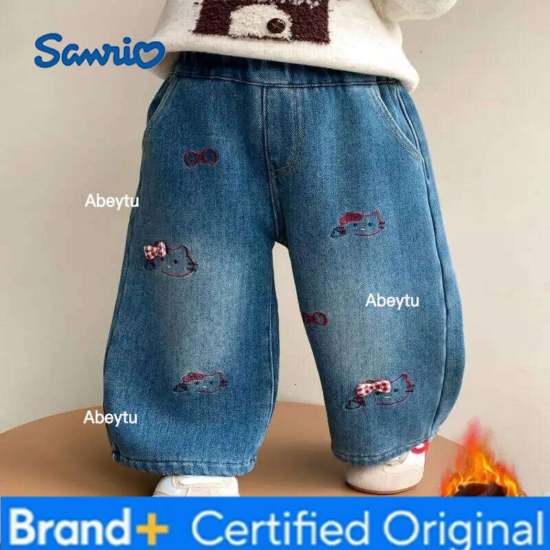 Sanrio Hello Kitty Straight Wide Leg Fleece Lined Jeans for Girls Autumn Winter New Fashionable Kawaii Trousers Kids Clothes H260206
