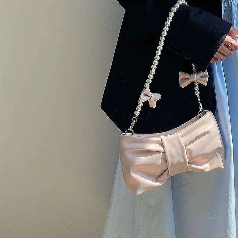 Girly Pearl Bow Cute Underarm Fairy Women's Small Pink Shoulder Bag Soft PU Leather Female Pearlescent Clutch Purse Handbags Y260205