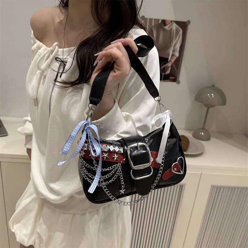 Y2k Retro Womens Chain Shoulder Bags PU Leather Ladies Small Underarm Sweet Bow Star Trend Female Crossbody Bag Handbags Y260205