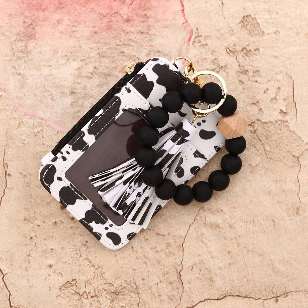 Key Ring Bangle Purse Designer Leopard Leather Card Holder Silicone Beaded Credit Cards Keychain Wallet Y260206
