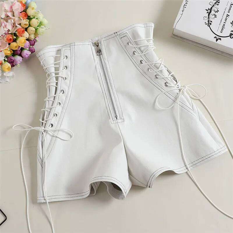 New Autumn Women PU Tie Bow Bandage High Waist Casual White Black Leather Ladies All Match Wide Leg Shorts XJ260206