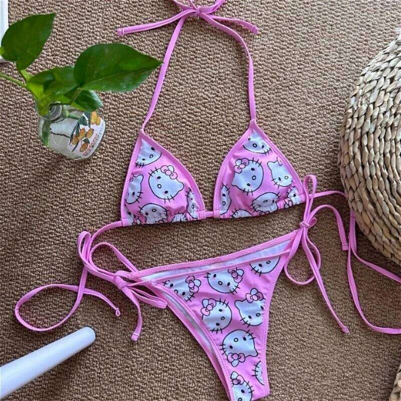 Swimsuit Hello Kitty Print Cute Girls Sexy Bikinis Set Bandage Sweet 2Pcs Micro Bikini Swimwear Women Bathing Suit Beach Summer Z260206