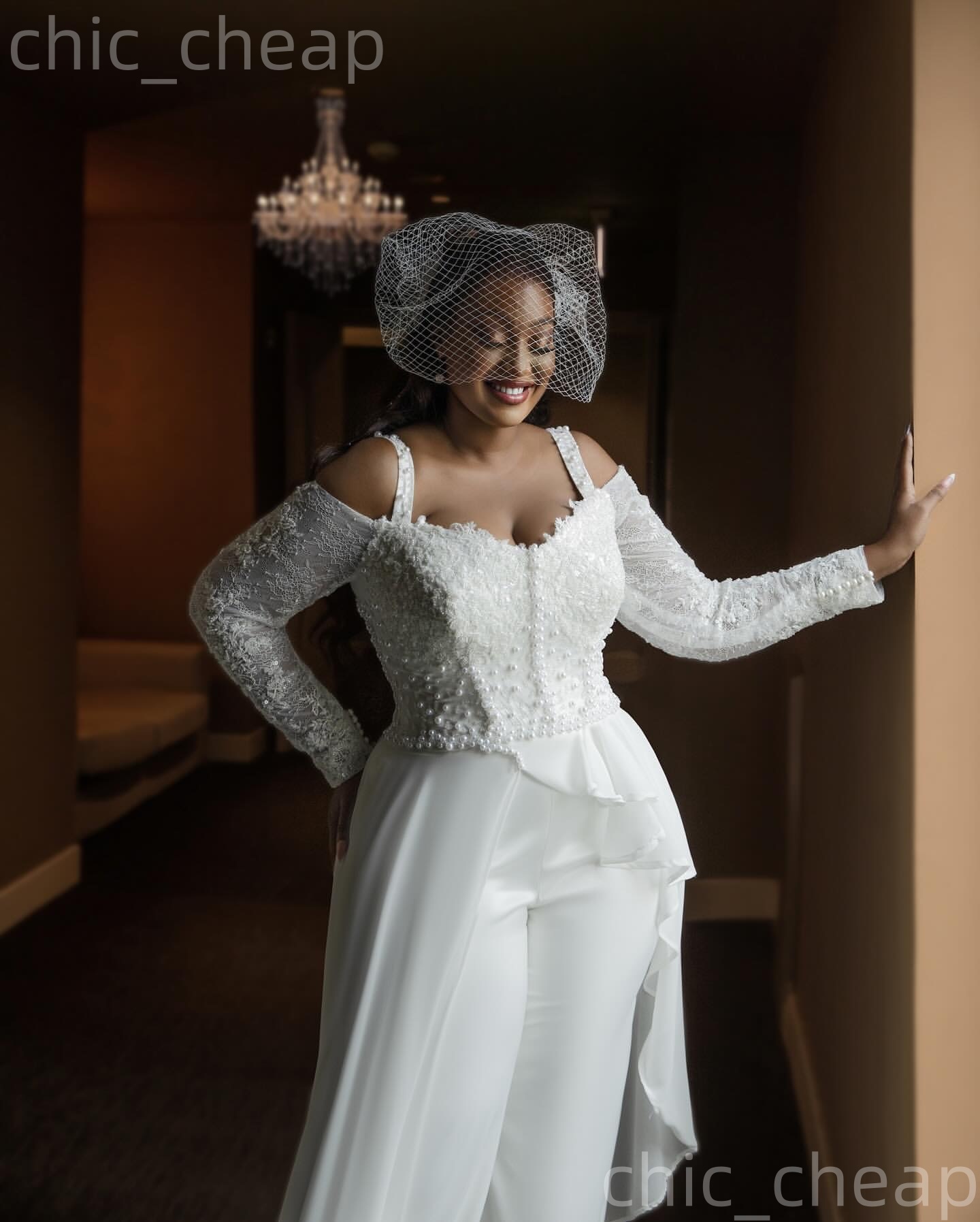 African Aso Ebi 2026 White A-line Jumpsuits Wedding Dress Spaghetti Lace Full Sleeves Chiffon Vintage Bridal Gowns Dresses ZJ233w