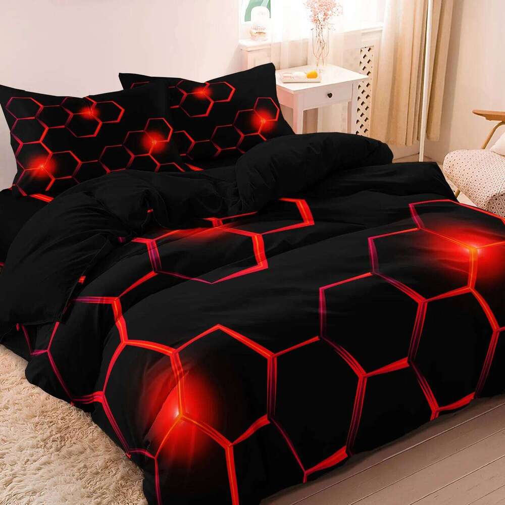 3pcs Geometric 3D Hexagonal Honeycomb Pattern DuvetCover Set,Digital Print Colorful Polyester Bedding with Zipper Closure XJ260206