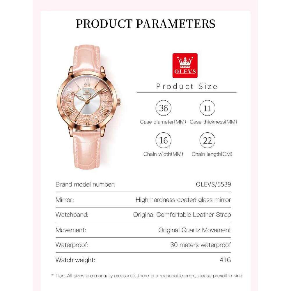OLEVS 5539 Quartz Woman Flowing Crystal Design Roman Numeral Scale Ladies Wristwatch Leather Strap Waterproof Womens Watch Z260206