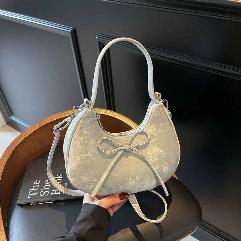 Half Moon Solid Zipper PU Shoulder and Crossbody Bags Simple Fresh Versatile Bow Compact Handbags for Women 2025 Fashion New Y260205