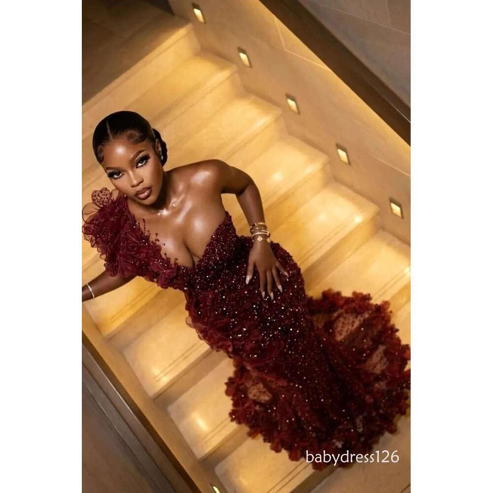 Glamrous Burgundy Prom Dresses For Black Girls 2026 Luxury One Shoulder Mermaid Sequins Beads Formal Evening Gala Dress Customized BC22049