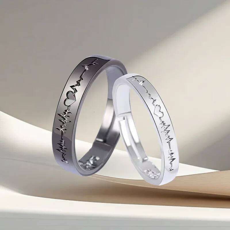 Black and White Electrocardiogram Couple Matching Student Friendship Rings, Simple Ins-Style Versatile Valentine's Day Gift, High-End W260206