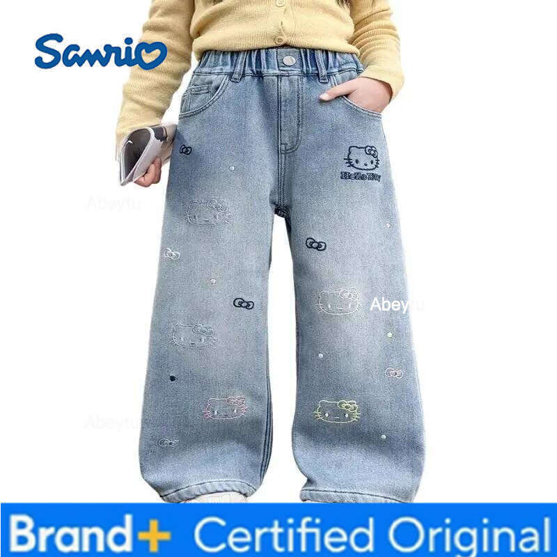 Sanrio Hello Kitty Girl Jeans Kawaii Y2K Anime Children's Clothing Clothes Pants Kids Winter Outerwear Soft Denim Straight Leg H260206